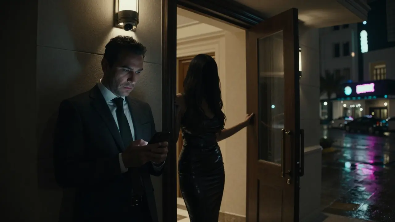 A man hesitates outside an apartment building, glancing at his phone as a woman stands in the doorway.