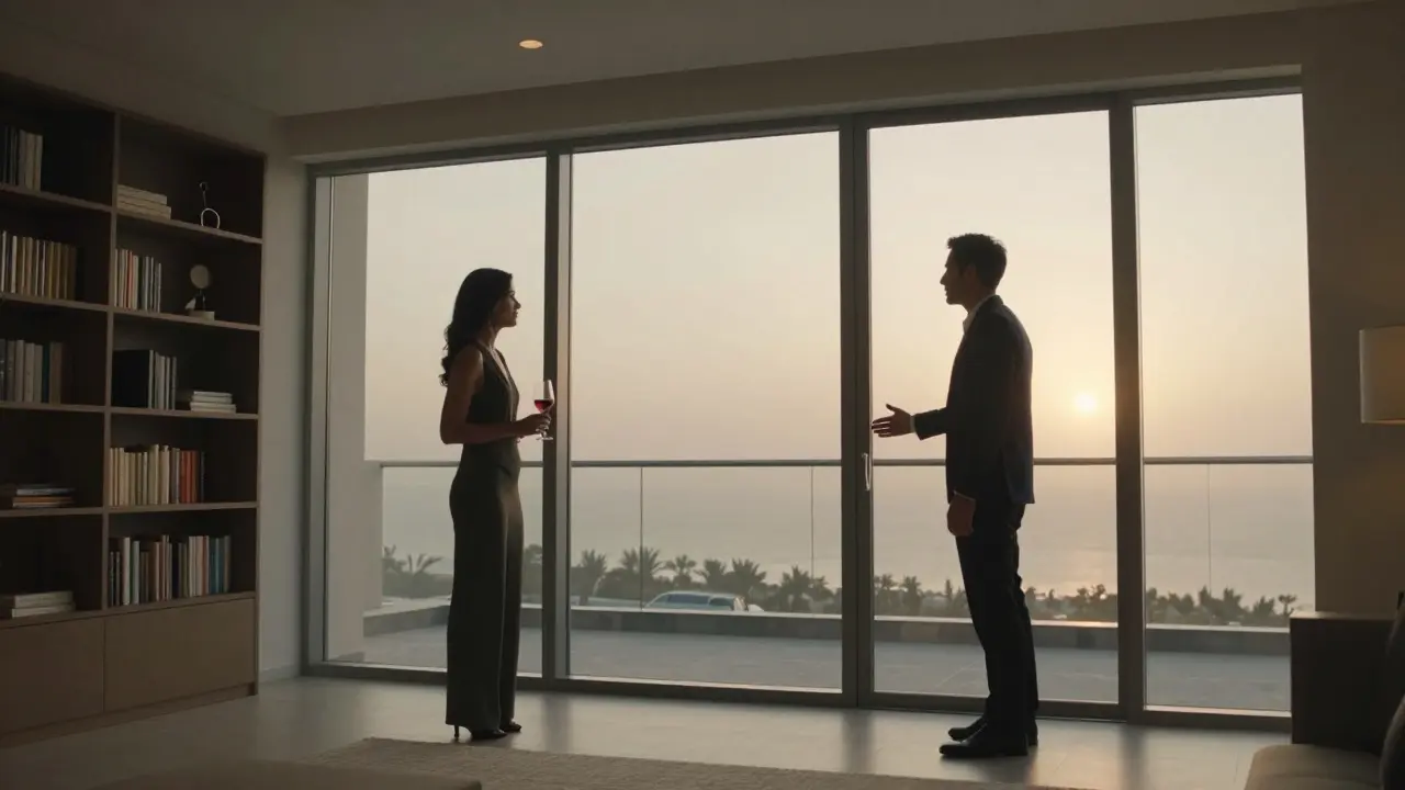 A man politely saying goodbye to a woman in a modern Dubai apartment.