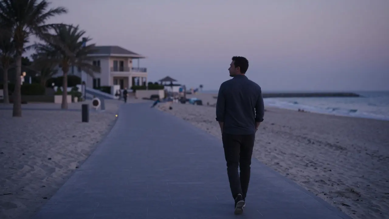 A man walking alone along a Dubai beach path at dusk, reflecting quietly.