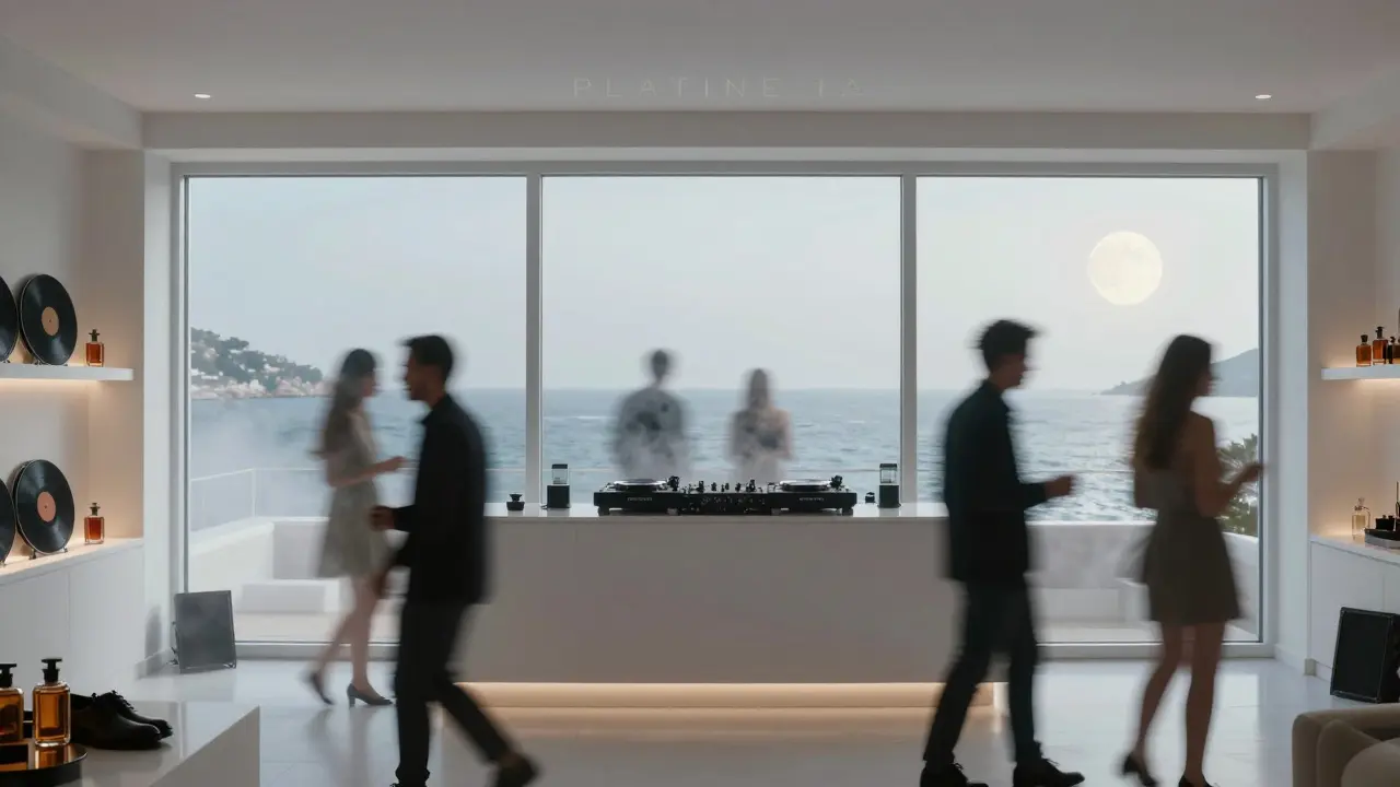 A minimalist nightclub by the Mediterranean with guests dancing subtly to deep techno under moonlight.