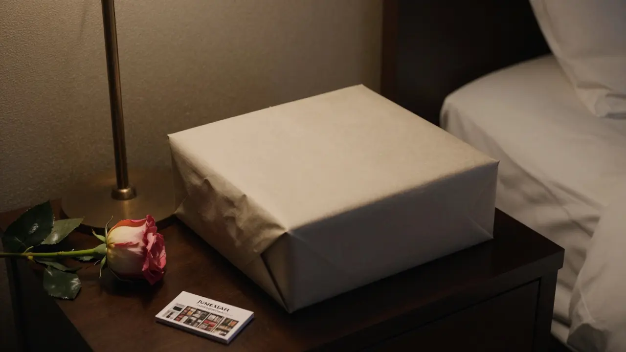 A plain wrapped gift on a nightstand with a rose and a bookstore matchbook in discreet lighting.