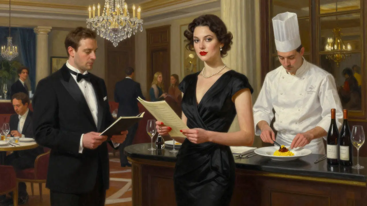 A poised woman speaks with a maître d’ in a luxury hotel restaurant, custom dishes being prepared in the background.