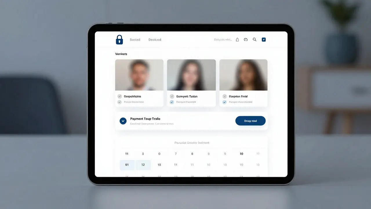 A private booking interface on a tablet showing verified companion profiles and encrypted payment confirmation.