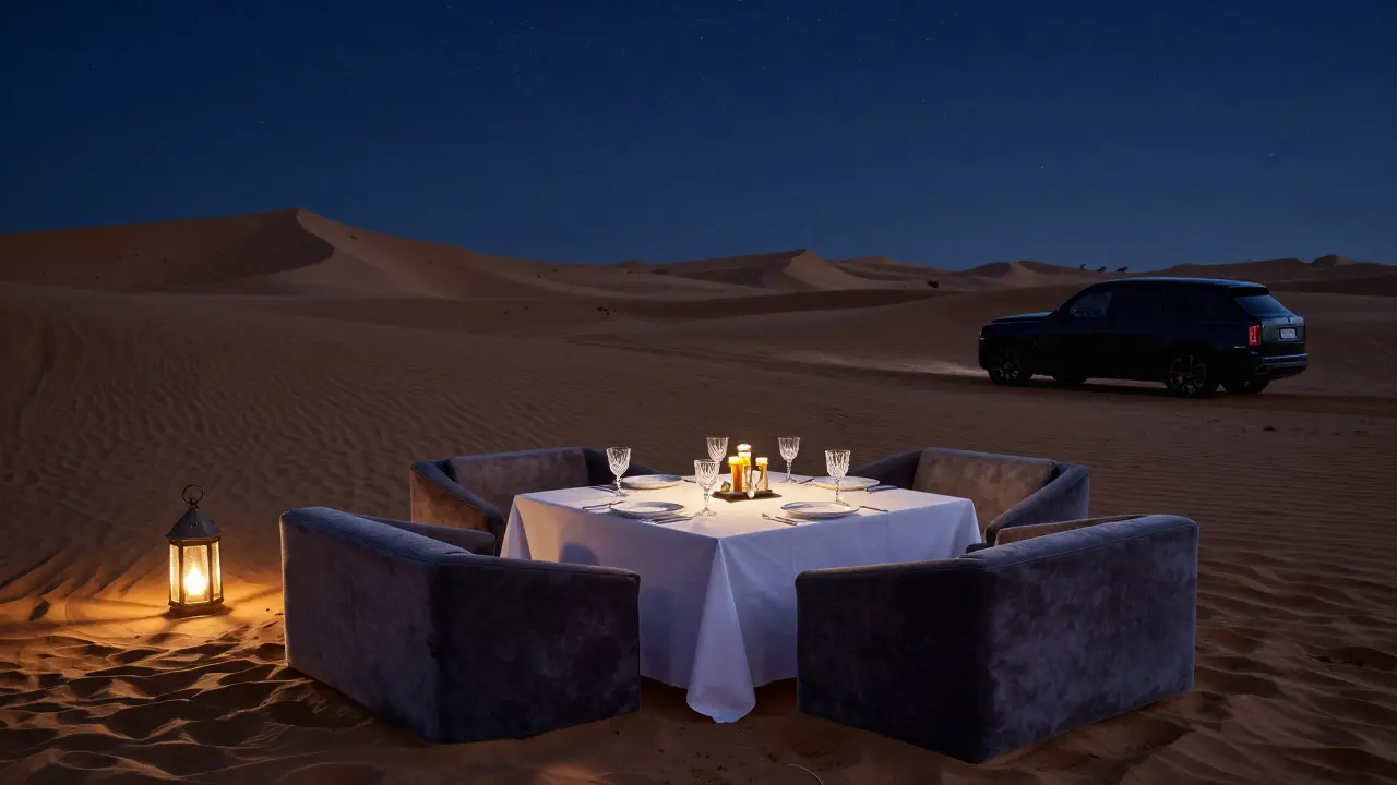 A private desert dinner under the stars with luxurious setup amid sand dunes and soft lantern light.