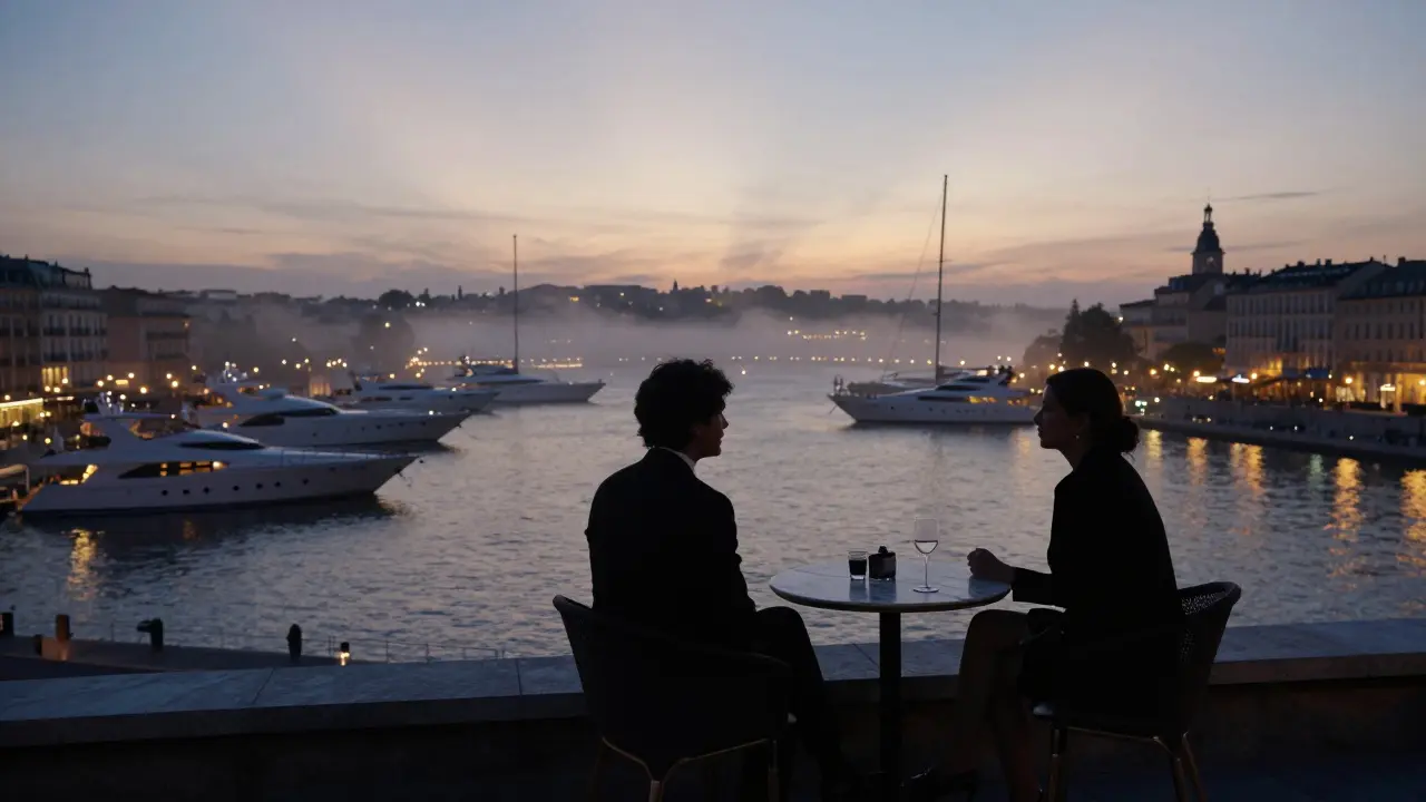A private rooftop terrace at dawn with two figures in elegant clothes overlooking illuminated yachts.