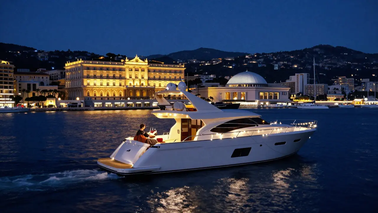 A private yacht at night with a couple under stars, the Prince’s Palace glowing in the distance.