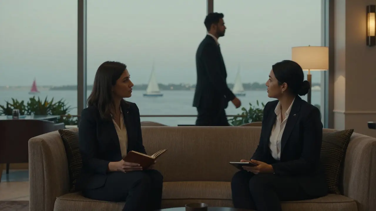 A professional companion waiting calmly in a hotel lobby as a client approaches respectfully.