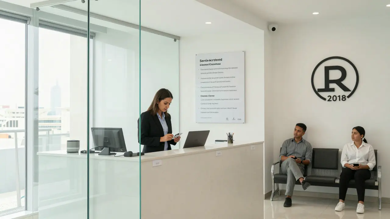A professional companionship agency office in Dubai with ID verification, client reviews on display, and natural lighting.