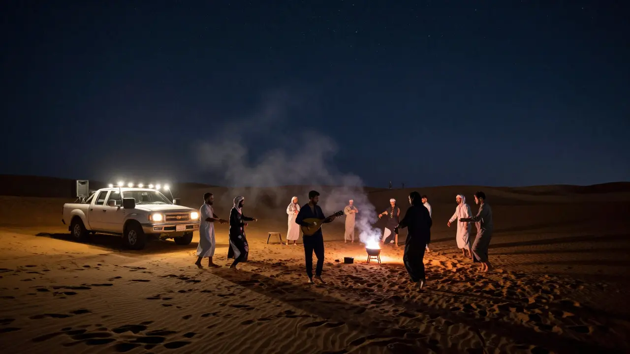 A quiet desert gathering under stars with lanterns, dancers on dunes, and a pickup truck with speakers at night.