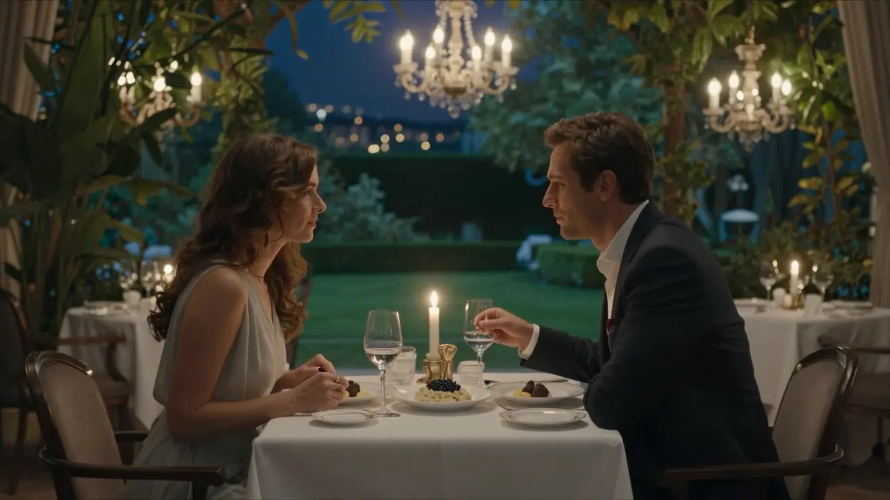 A romantic candlelit dinner at Le Louis XV with elegant table settings and glowing chandeliers above.