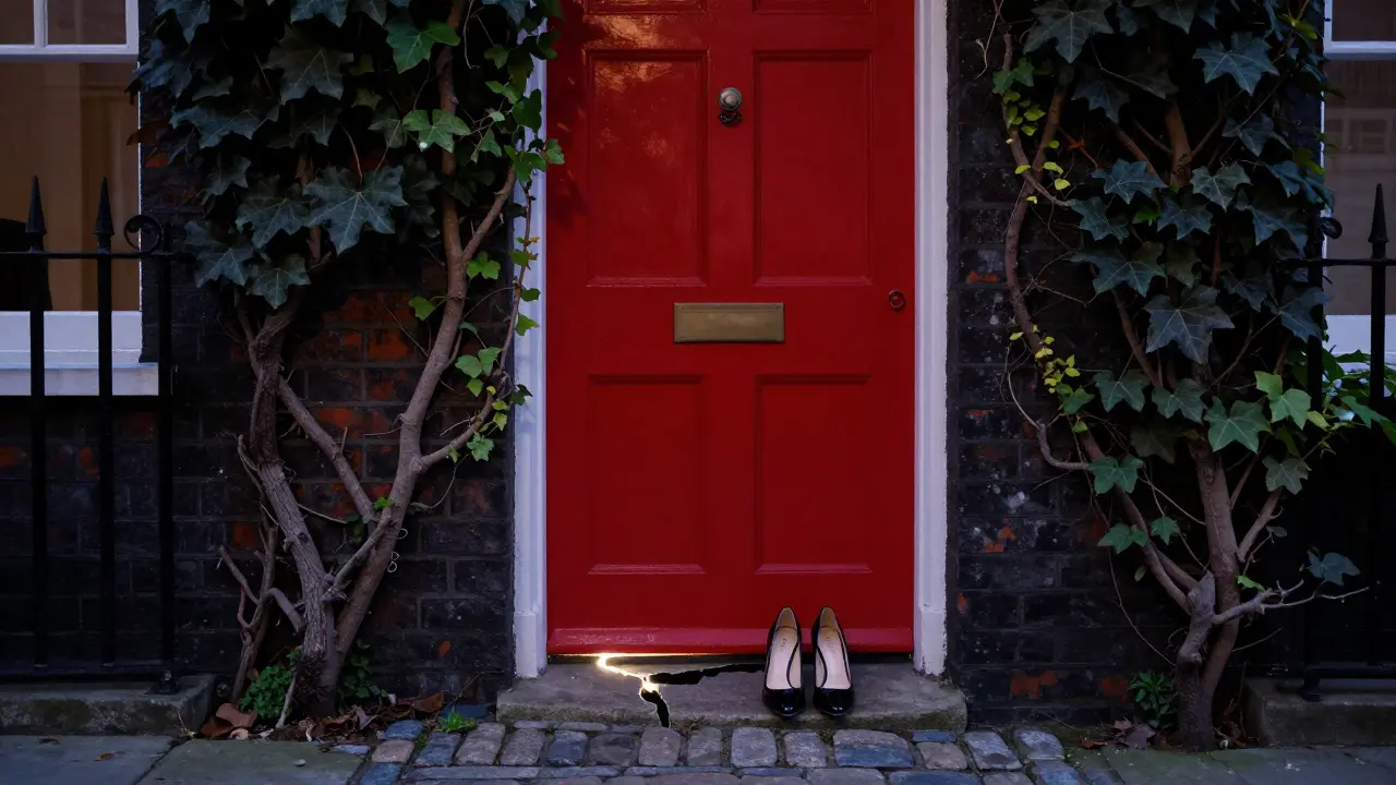 A single pair of custom black heels beside a hidden red door beneath a London tailor shop at night.