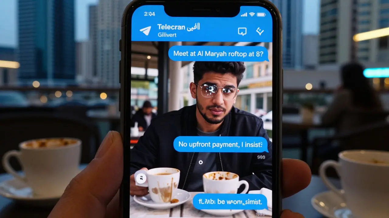 A smartphone screen showing a private chat about meeting discreetly in Abu Dhabi, reflected in a man's eyes.