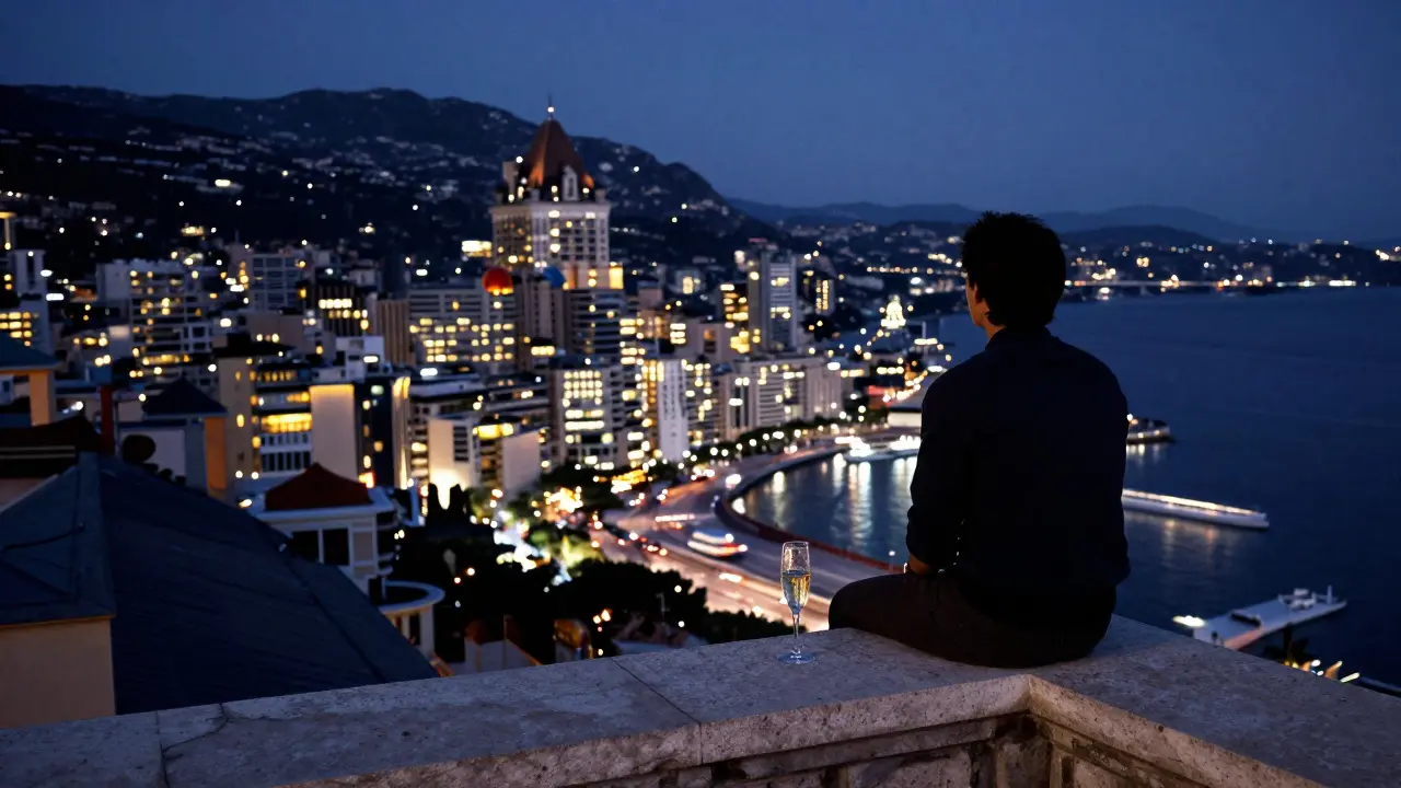 A solitary figure on a rooftop overlooking Monaco’s glittering skyline at dawn, champagne glass nearby.