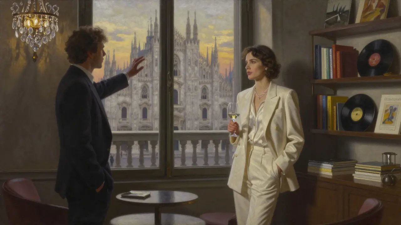 A sophisticated woman standing by a window overlooking Milan&#039;s Duomo at sunset.