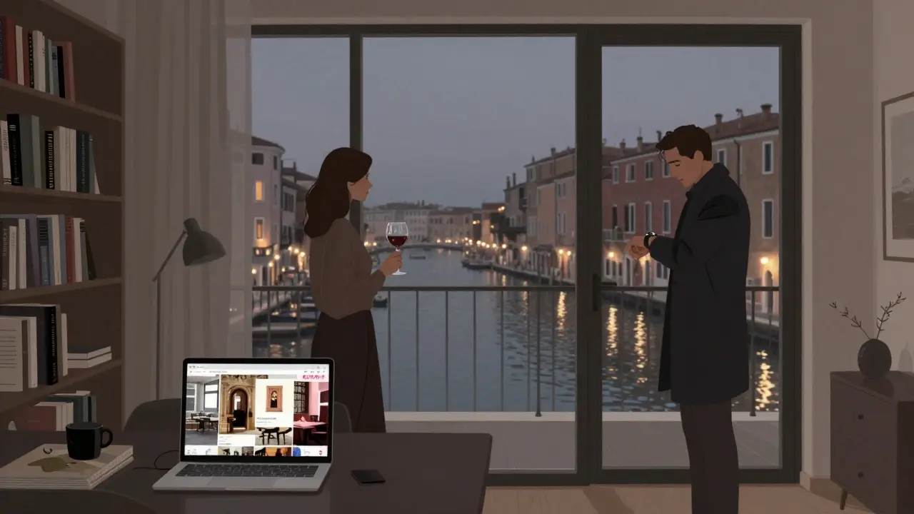 A stylish Milan apartment at dusk, with art books and city views, conveying discretion and sophistication.