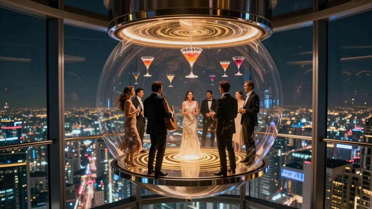 A surreal private party floats above Dubai in a glass sphere with hovering cocktails.