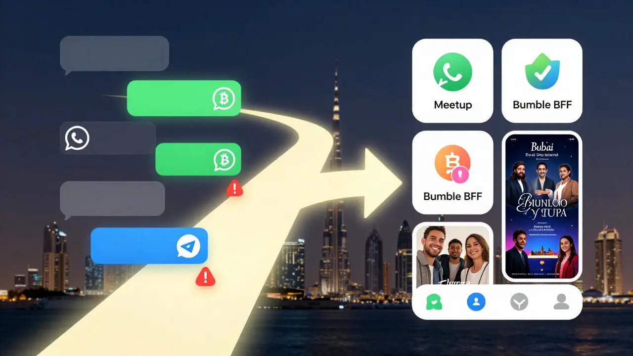 A symbolic split path: one side shows risky online chats, the other shows safe social apps and cultural events in Dubai.