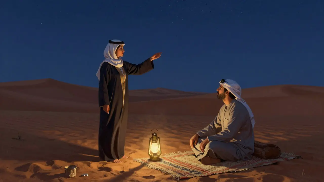 A woman and client enjoying a private desert evening under the stars with a glowing lantern.