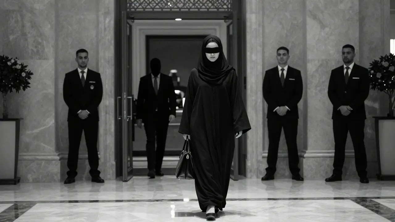 A woman in an abaya walks through a luxury hotel lobby as staff look away, emphasizing discretion and anonymity.