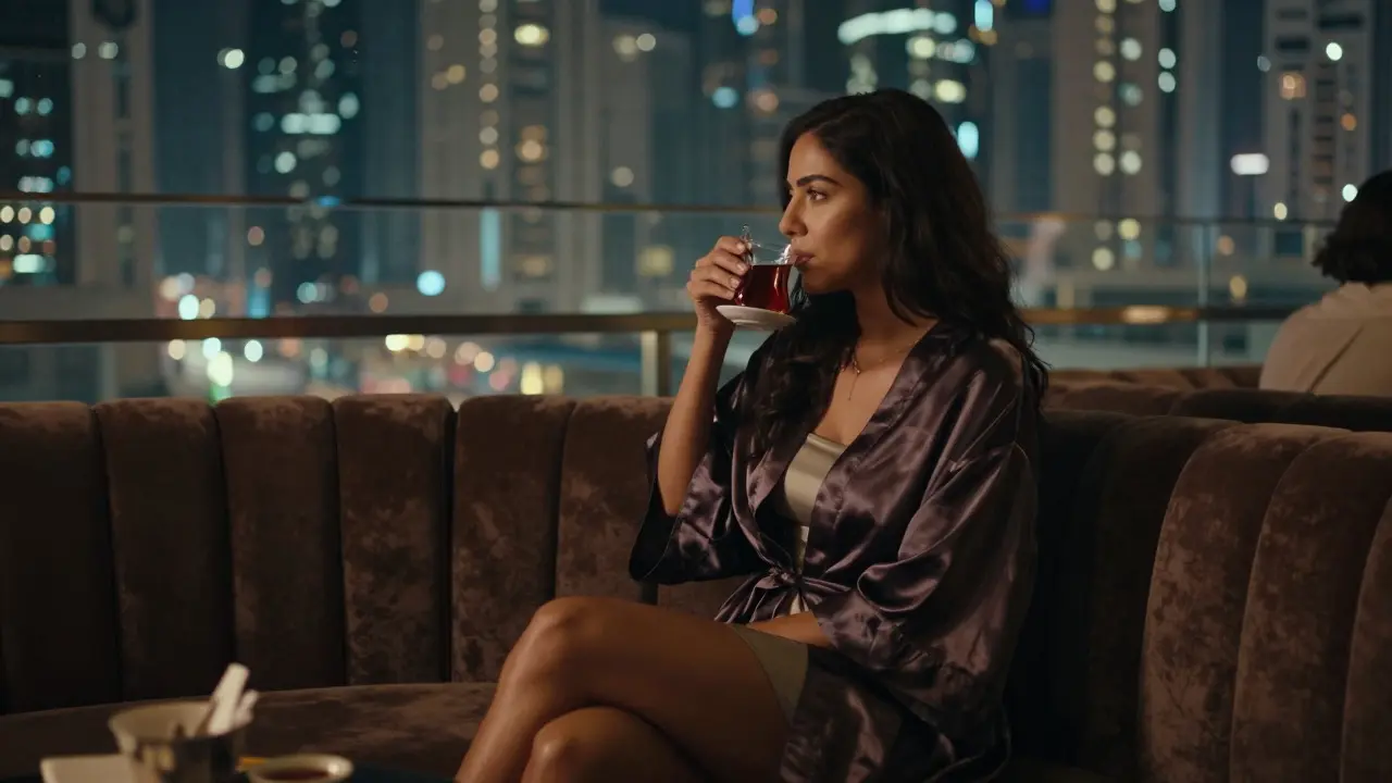 A woman on a rooftop lounge in Dubai, gazing at the city lights in quiet contemplation.