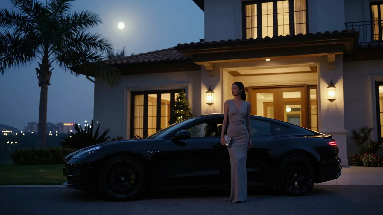 A woman stepping out of a luxury car outside a private villa at dusk, faces unseen, under soft ambient lighting.