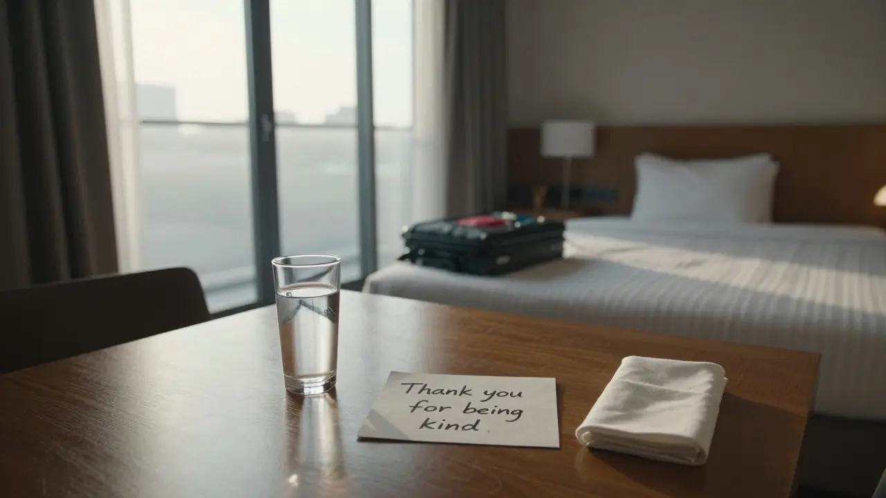 An empty hotel room at dawn with a handwritten note, conveying respect and safety after a meeting.
