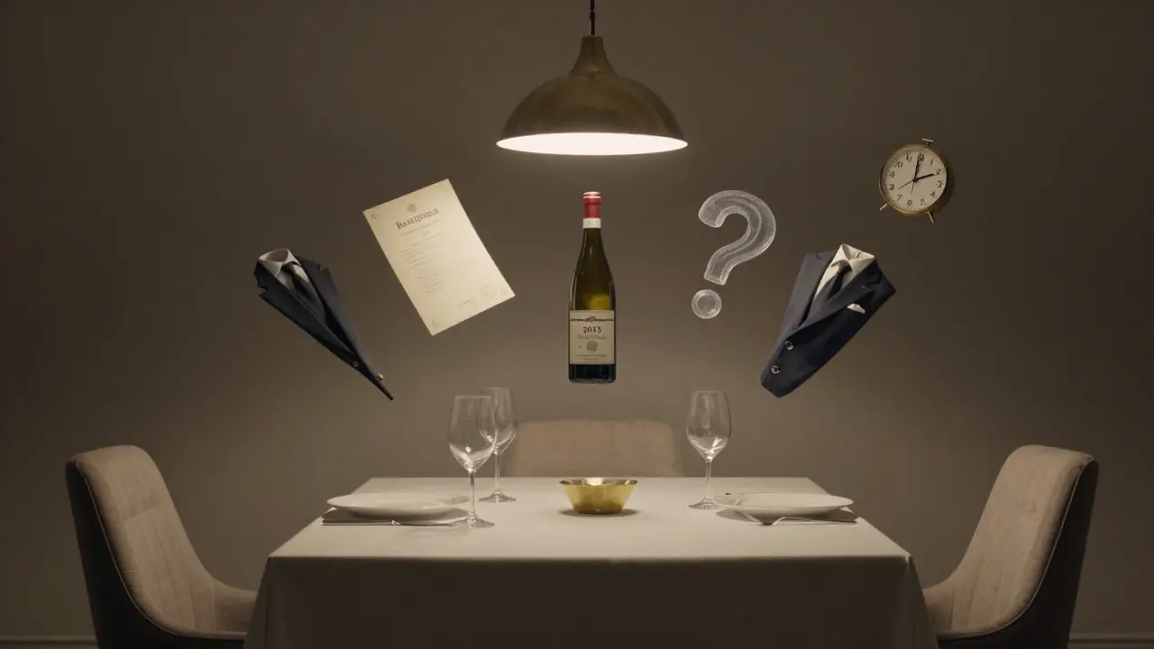 An empty luxury dining setting with floating symbolic elements representing discretion, expertise, and refined experience.