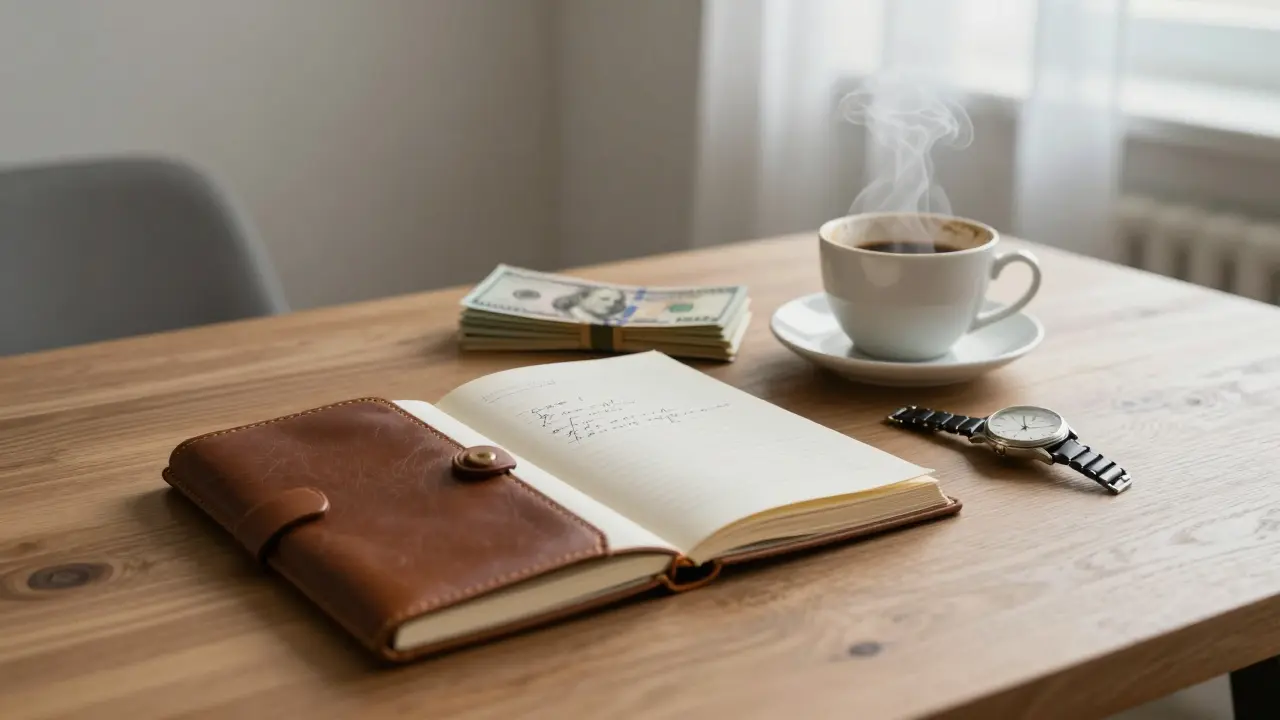 An open journal with a handwritten letter and cash on a wooden desk in a Berlin apartment.