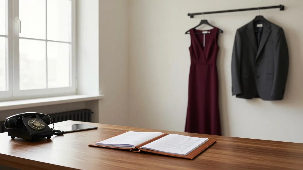 An upscale escort agency office with a leather file, encrypted tablet, and formal attire hanging neatly.