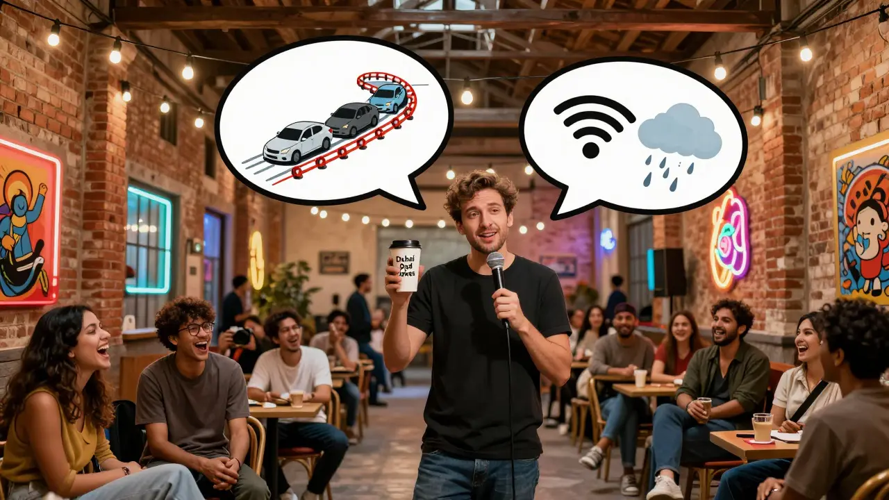 Artistic warehouse comedy venue with neon signs and diverse crowd laughing, absurd floating joke visuals in air.