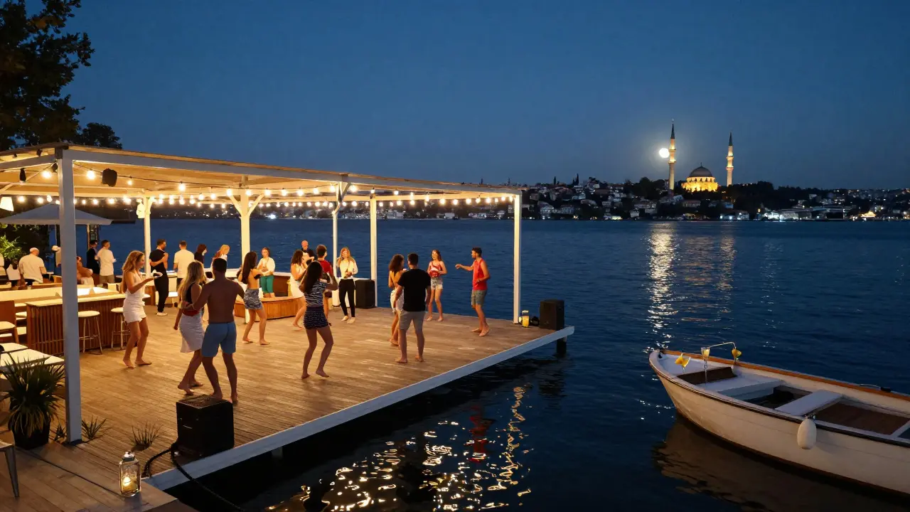 Beach club on the Bosphorus at midnight with dancers under string lights, moon rising over minarets, water reflecting the glow.