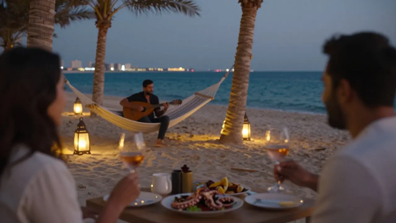 Beachside lounge with hammocks, lanterns, and an oud player beside the sea under starlight.