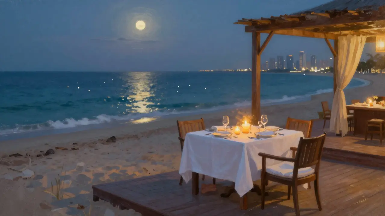 Candlelit dinner on a beach deck with sea reflections and stars glowing in the water.
