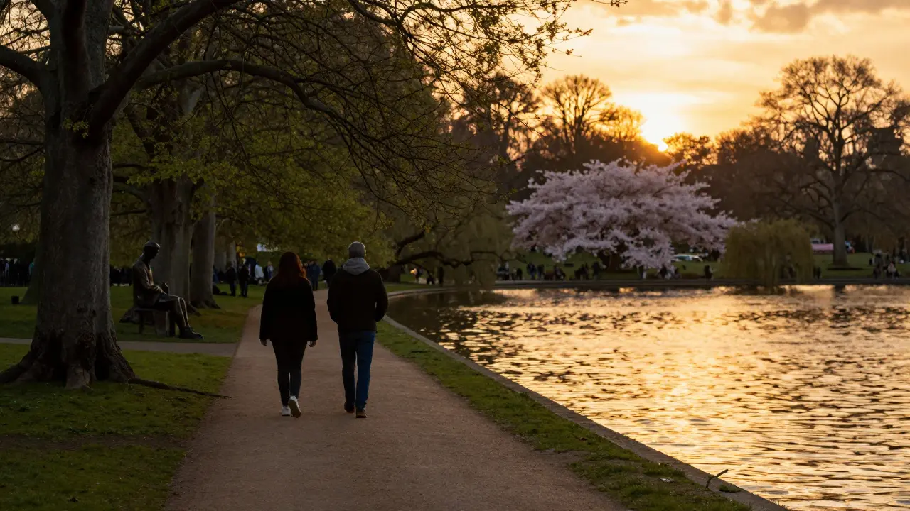 Couple walking at sunset along the Serpentine in Hyde Park, golden light on water.