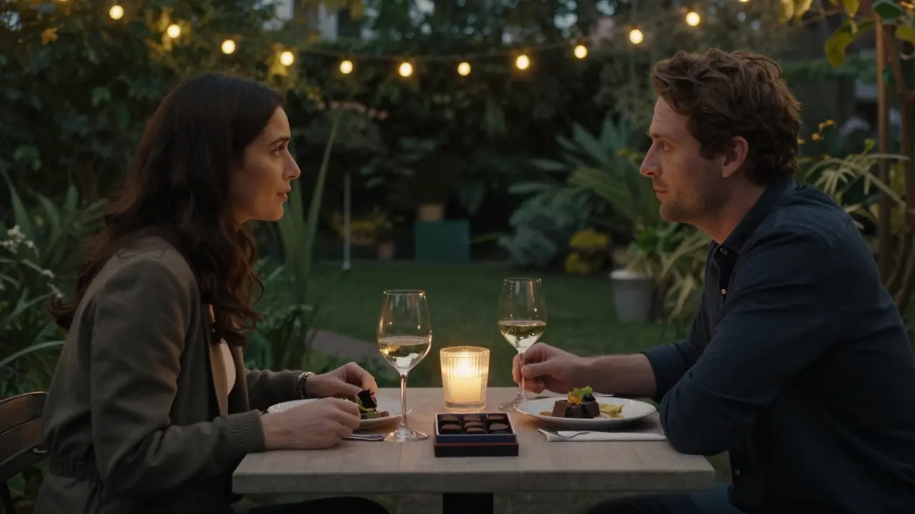 Couples enjoying a quiet dinner outdoors at an elegant London restaurant with soft lighting.