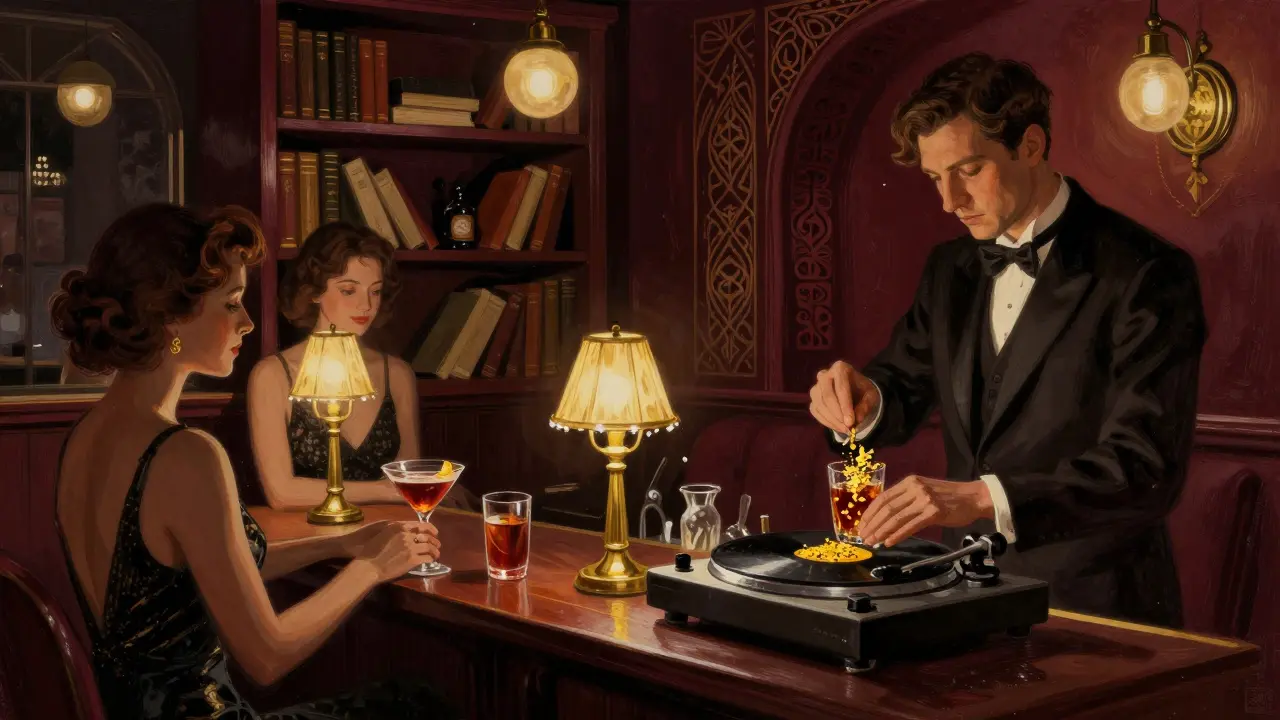 Cozy 1920s-style secret bar with warm lighting, patrons drinking exotic cocktails, and vintage Arabic jazz playing softly.
