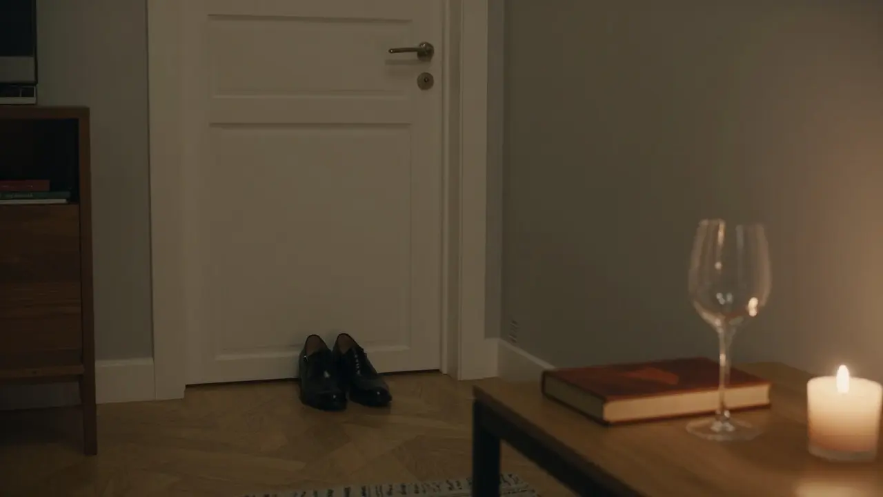 Cozy apartment interior with wine glass and book, conveying quiet intimacy.