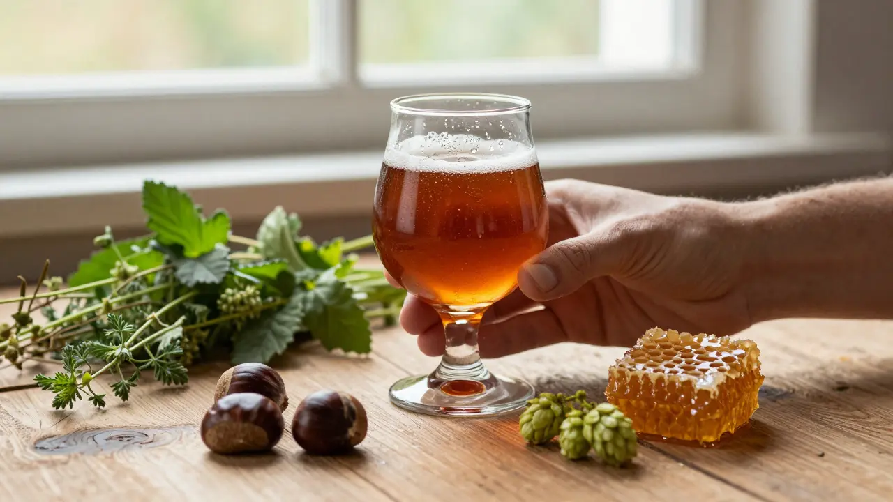 Craft beer in a tulip glass surrounded by French wild herbs, chestnuts, and honeycomb on wooden table.