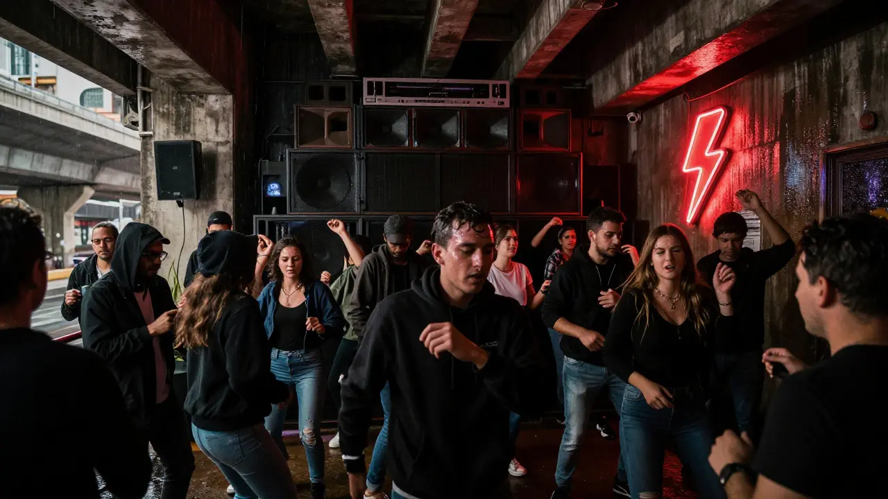 Crowd dancing fiercely in a hidden underground club under a highway, neon lightning bolt glowing, raw music energy.
