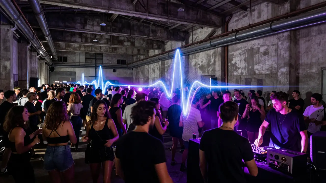 Crowd dancing in an industrial warehouse club with exposed pipes and pulsing colored lights.