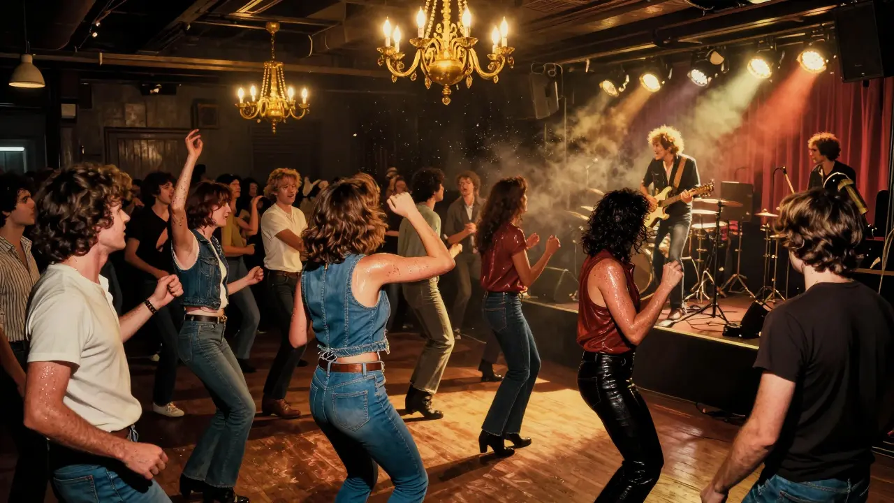 Crowded 1930s ballroom with chandeliers and dancers moving to live music under dusty light.