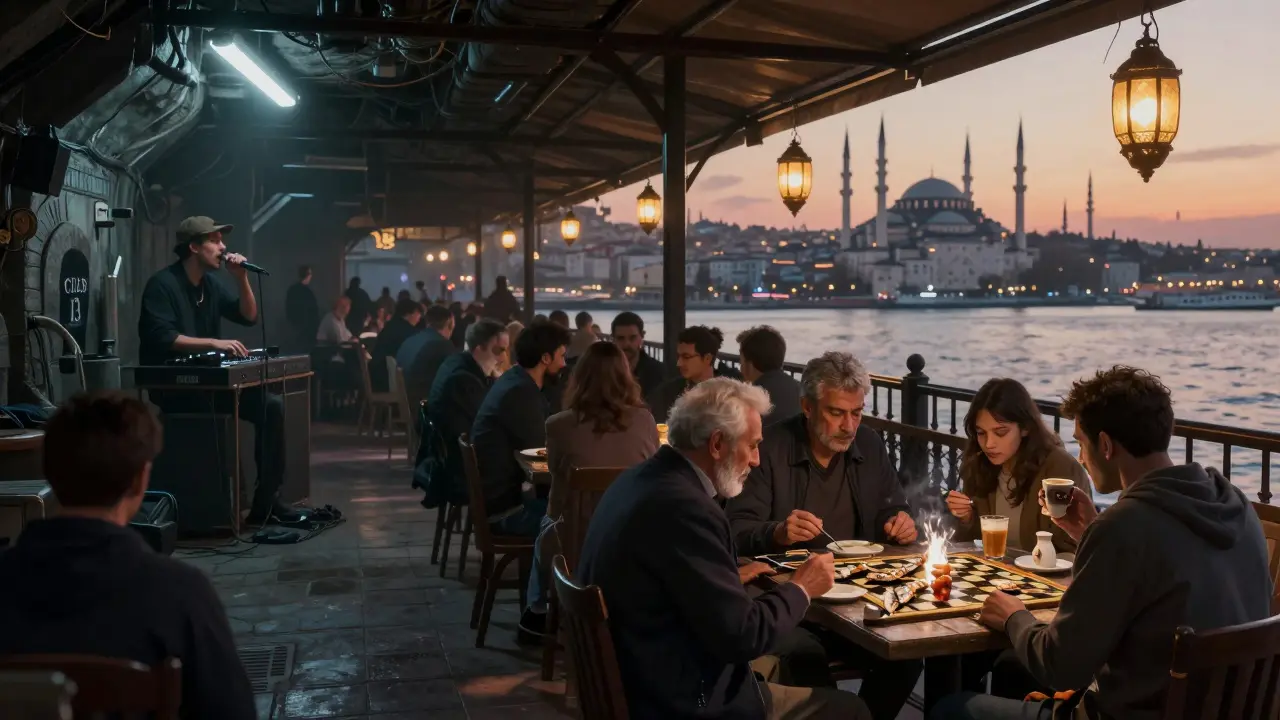 Dual scene: underground techno club on one side, quiet pier at dawn on the other, capturing Istanbul’s nightlife contrast.