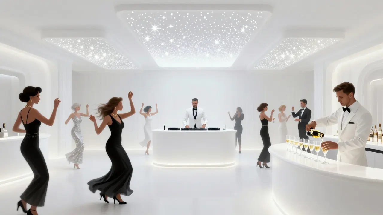 Elegant crowd dances in a dazzling all-white nightclub under starlit LED ceilings.