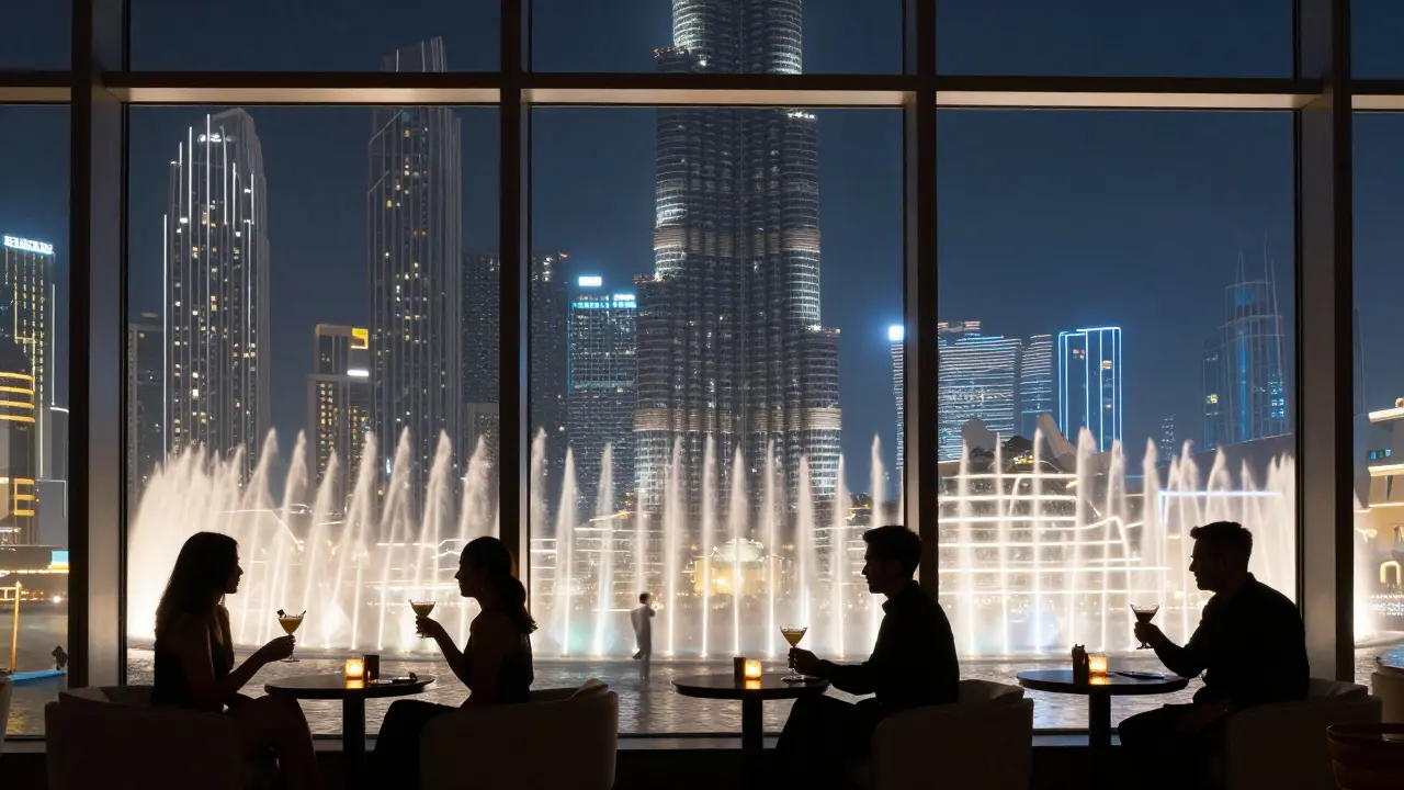 Elegant guests at Level 43 lounge enjoying views of Burj Khalifa and Dubai Fountain at night.