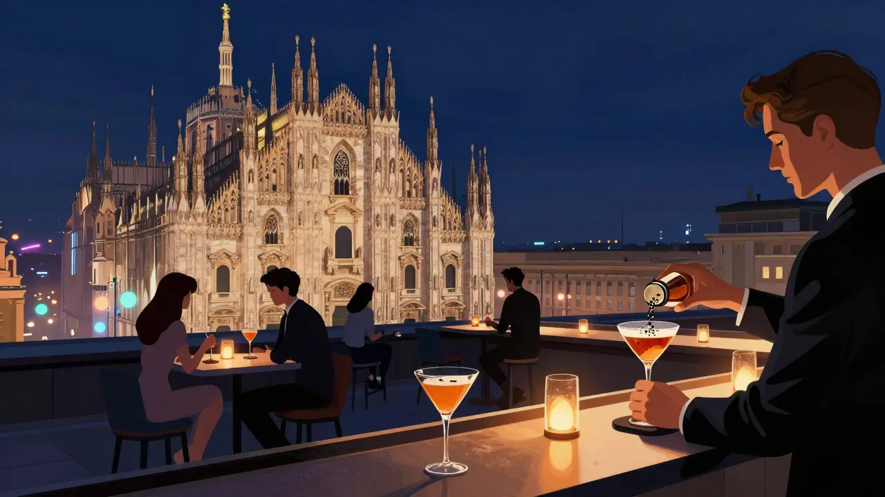 Elegant patrons at a rooftop bar overlooking Milan's Duomo with cocktails and city lights.