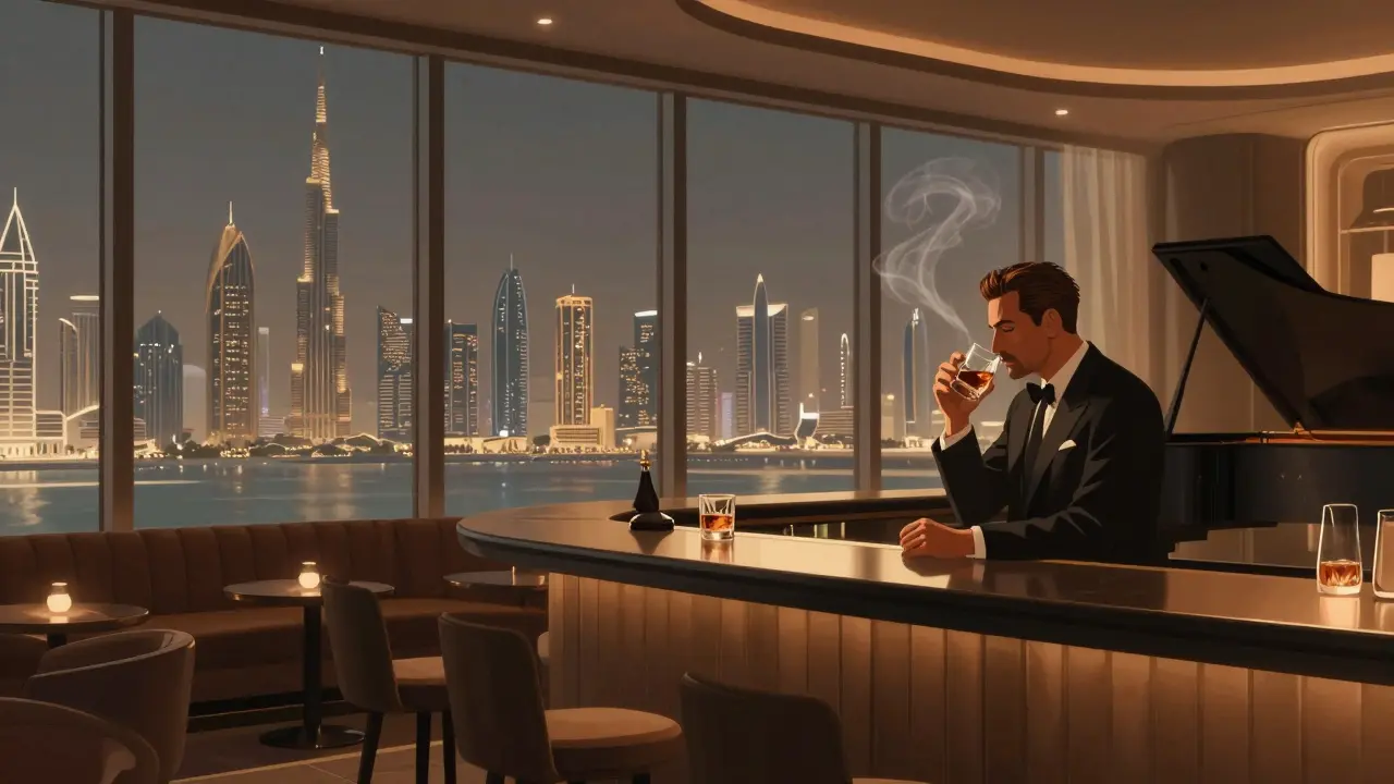 Elegant rooftop lounge with a celebrity sipping whisky, city lights glowing through floor-to-ceiling windows.