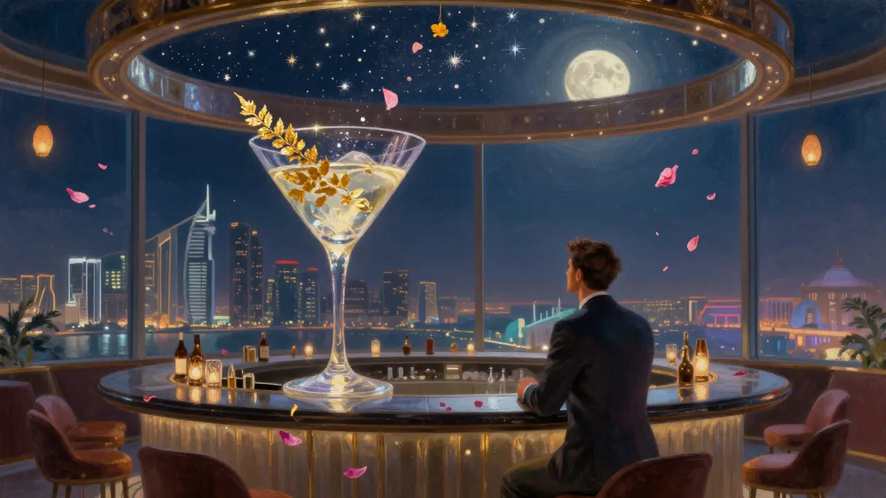 Elegant sky lounge with golden martini and skyline view under starlit night.
