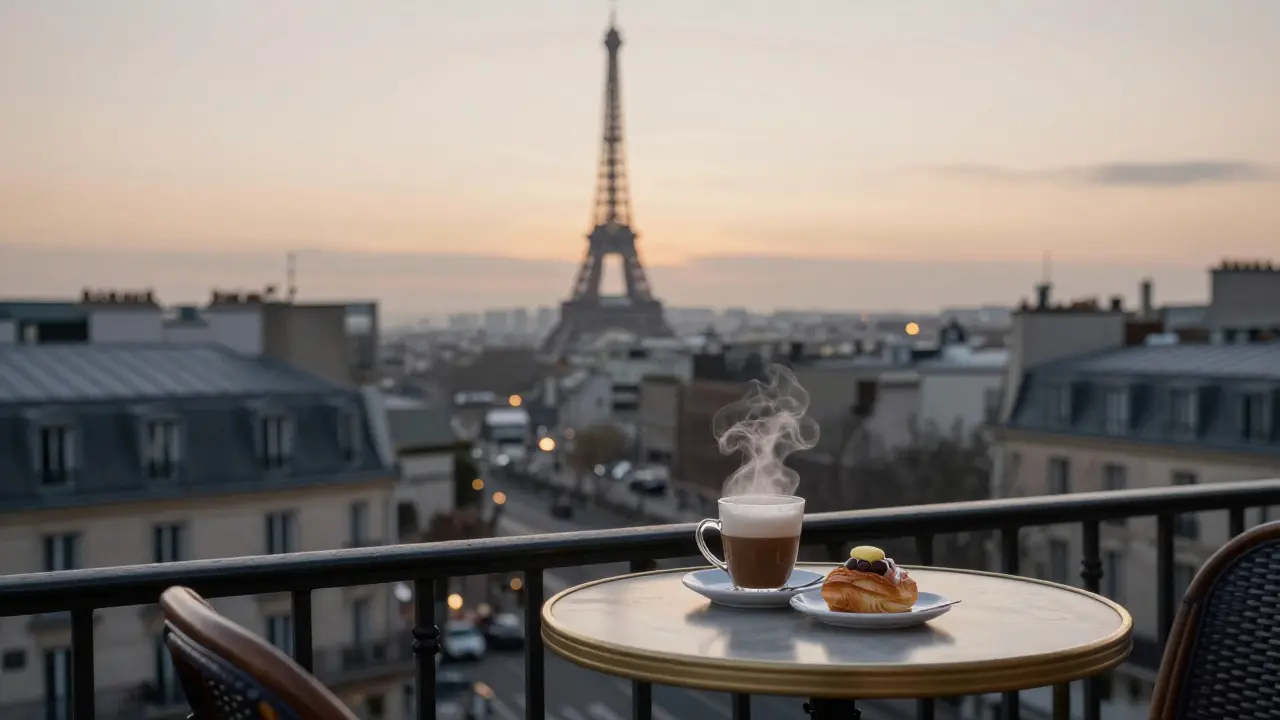 Empty terrace at La Coupole at dawn with café and Eiffel Tower in soft light.