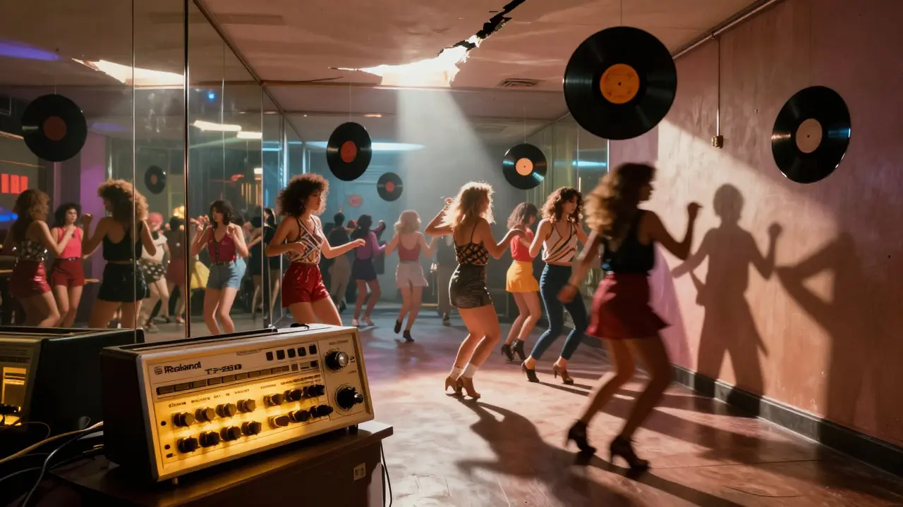 Endless disco marathon in a tiny basement with floating vinyl records and mirrored dancers under dawn light.