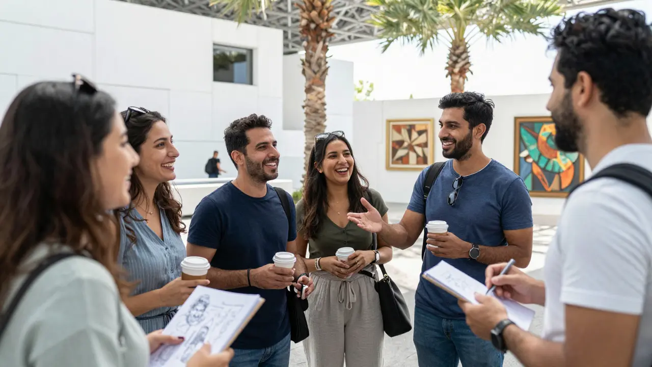 Expats enjoying a sunny cultural event at Louvre Abu Dhabi, laughing and connecting in a vibrant outdoor setting.